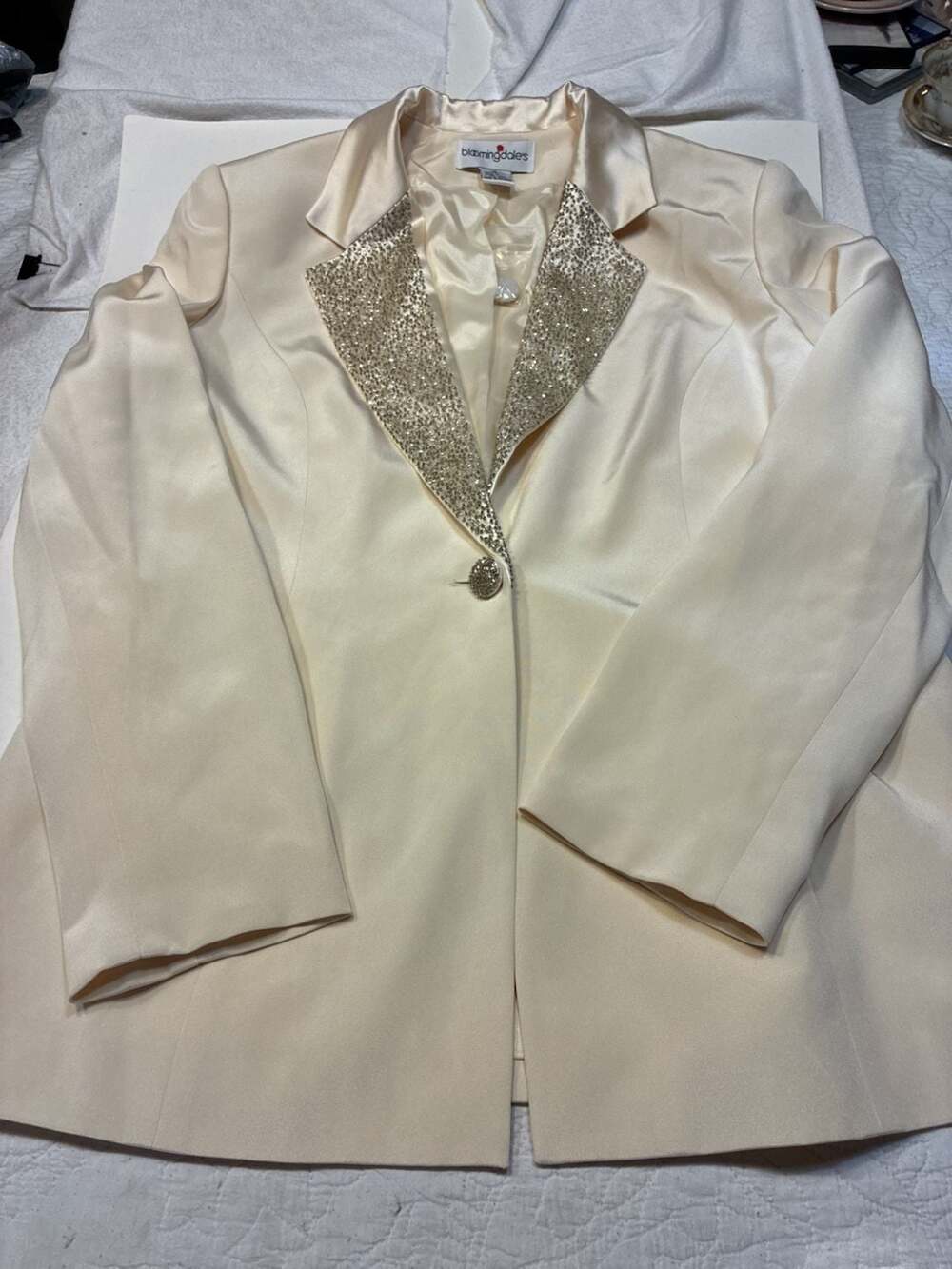 Bloomingdale's Beaded Lapel Silk Blazer Size 14 Cream